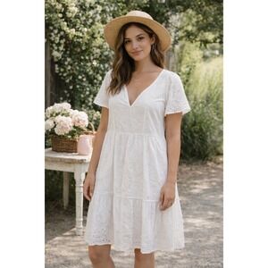 Women Eyelet Dress XL White Tiered Babydoll Short Sleeve Boho Cottage Prairie